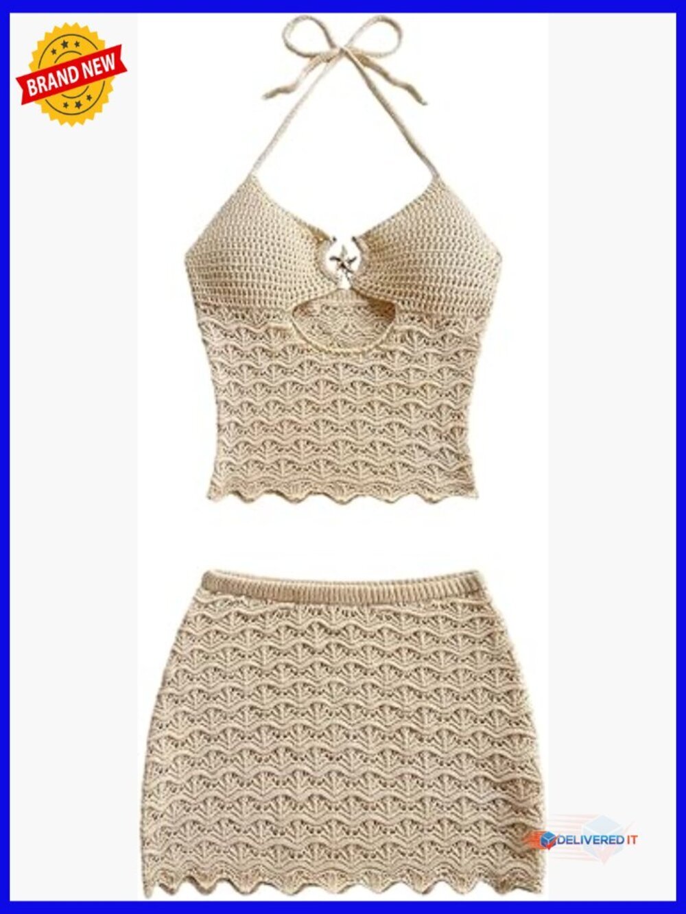 Crochet Backless Halter Crop Top and Bodycon Mini Skirt Set - Medium